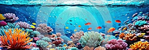 underwater coral reef landscape wide panorama background in the deep blue ocean with colorful fish and marine life