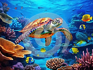 Underwater coral reef landscape wide panorama background in the deep blue ocean with colorful fish sea turtle marine wild