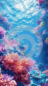 Underwater coral reef scene with colorful fish and plants