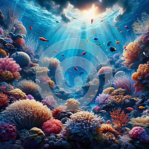 Underwater coral reef scene with vibrant and colorful marine s