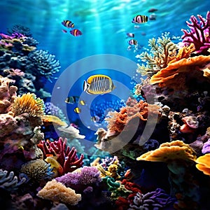 underwater coral reef scene with vibrant and exotic marine spe photo
