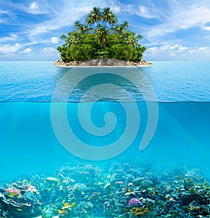 Underwater coral reef seabed and surface with tropical island photo