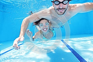 Underwater couple, man and a woman swimming underwater