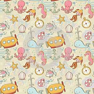 Underwater creatures cute cartoon seamless pattern