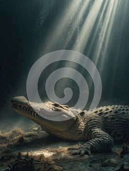 Underwater Crocodile In Sunlight Beams