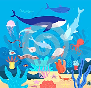 Underwater. Cute undersea animals, cartoon sea wildlife. Happy aquarium habitat, oceanic fishes and mammals. Marine life