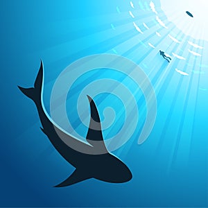 Underwater deep sea background with diver and shark