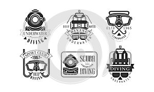 Underwater Diving Retro Logo Templates Set, Deep Water Sport Club Monochrome Badges Vector Illustration