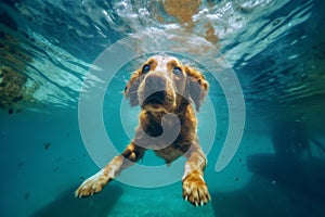 underwater dog pool funny puppy snorkeling fun swimming vacation water. Generative AI.