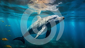 Underwater dolphin swimming diving photo. Marine aquatic wildlife photography nature sea. Nobody water waves sunlight