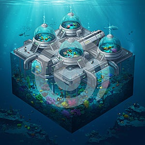 Underwater dome structure in a digital artwork features a