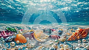 Underwater Dreamscape with Sunlit Seashells and Pearls photo