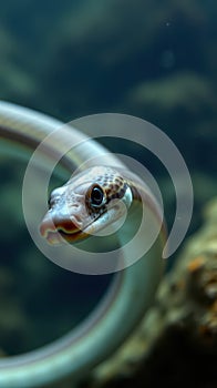 Underwater eel gracefully coiling among rocks in an aquatic environment