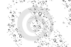 Underwater effervescent sparkling oxygen bubbles in water on white background. Soda pop. Fizzy sparkles in water, sea