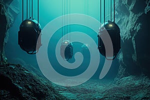 Underwater exploration equipment suspended in a deep ocean environment photo
