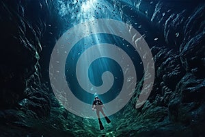 Underwater exploration - scuba deep sea diver swimming in a deep ocean cavern