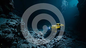 Underwater Exploration With Submersible Drone In The Deep Sea. Generative AI