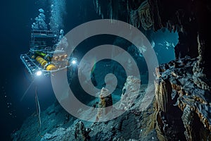 Underwater Exploration With Submersible In A Mysterious Cave System. Generative AI