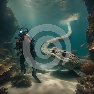 An underwater explorer encountering a colossal sea serpent1