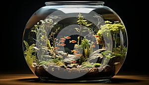 Underwater fish tank with cute goldfish, surrounded by green plants generated by AI