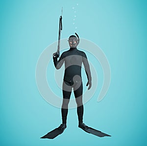 Underwater fisherman in full equipment