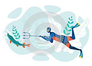 Underwater Fishing Cartoon Vector Illustration