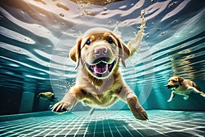 Underwater funny photo of golden labrador retriever puppy in swimming pool play with fun - jumping, diving deep down.