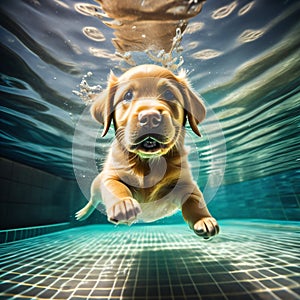 Underwater funny photo of golden labrador retriever puppy in swimming pool play with fun - jumping, diving deep down.