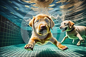 Underwater funny photo of golden labrador retriever puppy in swimming pool play with fun - jumping, diving deep down.