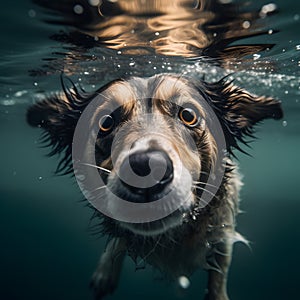 Underwater funny photo of golden retriever puppy in swimming pool