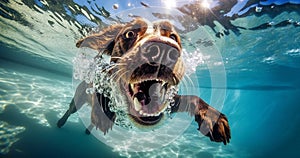 Underwater funny photo of happy dog swimming in public pool play with fun jumping, diving deep down. Actions, training