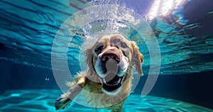 Underwater funny photo of happy dog swimming in public pool play with fun jumping, diving deep down. Actions, training