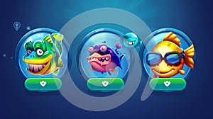 An underwater game interface with a fish slot icon. Match 3 elements with buttons. A progress bar with piranhas and