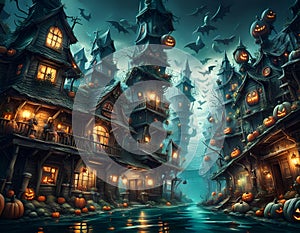 Underwater Horror house with jack o lanterns and full moon. Concept of Halloween. Digital illustration. CG Artwork photo