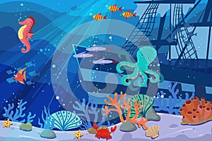 Underwater illustration and life. the beauty of marine life. fish, algae and coral reefs, ship, octopus, beautiful and