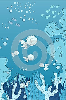 Underwater illustration, scene of reef with corals, seaweed, bubbles