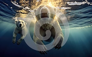 underwater image of polar bears swimming