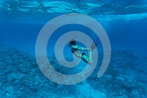 Underwater image of a young lady snorkeling and diving in a tropical sea with hands on legs.