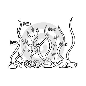 Underwater inhabitants and algae, coloring book. Fish and plants. Doodle of marine animals and plants isolated on a white
