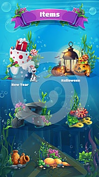 Underwater item set - snowman, cake, gifts, lamp, lantern, rock, stones, algae, amphora, bubbles. Bright image to create original