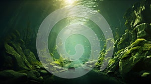 underwater landscape and backdrop with algae in sunlight