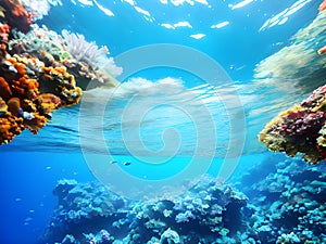 underwater landscape with coral reef and blue ocean in red sea. tropical sea with fish