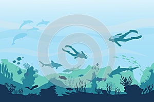 Underwater landscape with divers, algae and fish silhouettes.