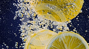 Underwater lemon slice in soda water or lemonade with bubbles