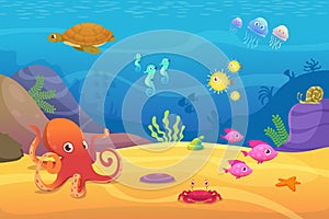 Underwater life. Aquarium cartoon fish ocean and sea animals vector background