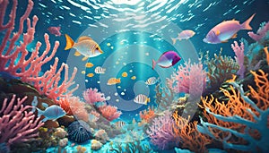 underwater life with fishes and colorful corals