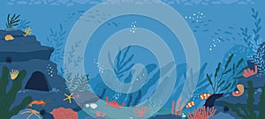 Underwater life at sea or ocean bottom. Exotic undersea world with coral reef, seaweeds and aquatic habitats in depth photo