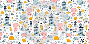 Underwater life seamless pattern. Sea life background. Ocean, fish, whale, jellyfish, seaweed, seashells, lighthouse