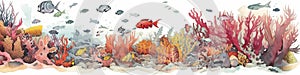 Underwater life somewhere in Red sea, concept watecolor banner illustration isolated on white, AI generative image