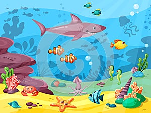 Underwater life. Wild animals in ocean or sea water flowing big small fishes seaweed corals seashells. Vector background